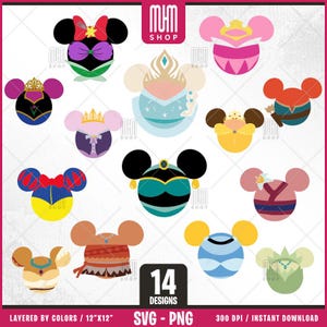 Princess Mouse Ears Svg, 14 Designs Easy to use, Cartoon Characters , Layered Svg by colors, Transparent Png, Easy cut files for Cricut.