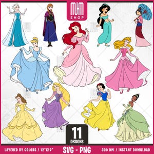 Princesses Bundle Svg, 11 Designs Easy to use, Cartoon Characters Clipart, Layered Svg by colors, Transparent Png, Easy cut files for Cricut
