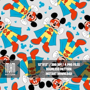 Seamless Pattern PNG, Mouse Superheroes, Mouse And Friends, Cartoon Characters, Repeated Fabric Design Sublimation, Ready for Textile Prints
