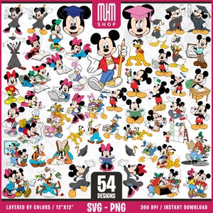 Mouse And Friends At School Svg Png, 54 Designs Easy to use Cartoon Characters, Layered Svg by colors, Transparent Png, Cut files for Cricut
