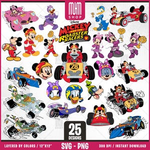 Mouse And Friends Roadster Racers Svg, 25 Designs Easy to use, Cartoon Characters, Layered Svg by colors, Transparent Png, Files for Cricut.