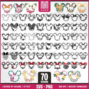 Mouse Ears Svg, Floral Ears, 70 Designs Easy to use, Cartoon Characters, Layered Svg by colors, Transparent Png, Easy cut files for Cricut.