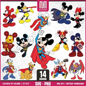 Superheroes Mouse And Friends Svg, 14 Designs Easy to use, Cartoon Characters, Layered Svg by colors, Transparent Png, Cut files for Cricut.