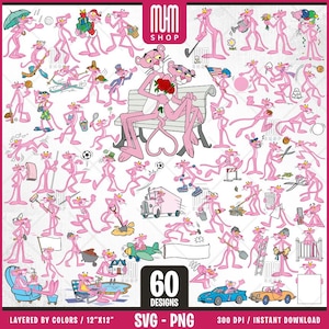 Png Svg vie panthère rose, 60 modèles faciles à utiliser, cliparts de personnages de dessins animés, Svg en couches par couleurs, png transparents, fichiers de coupe pour Cricut