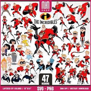 The Incredibles Svg, 47 Designs Easy to use, Cartoon Characters Cliparts, Layered Svg by colors, Transparent Png, Ready cut files for Cricut