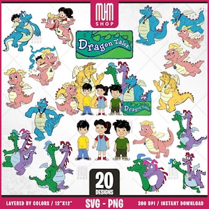 20 Designs einfach zu verwenden, Zeichentrickfiguren, Geschichtete Dateien für Cricut, Drachengeschichten und Freunde.