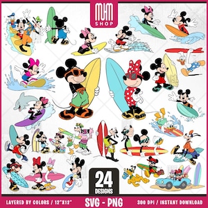 Mouse And Friends Surfing Sport Svg, 24 Designs, Cartoon Characters, Layered Svg by colors, Transparent Png, Easy cut files for Cricut.