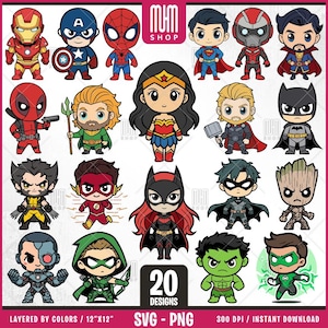 Chibi Superheros Svg Png, 20 łatwych w użyciu projektów, Cliparty postaci z kreskówek, Warstwowe Svg według kolorów, Przezroczyste Png, Pliki do cięcia dla Cricut.