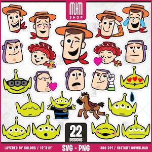 Adesivi Toy Story Svg Png, 22 design facili da usare, personaggi dei cartoni animati, Svg a strati per colori, PNG trasparenti, file di taglio facili per Cricut.