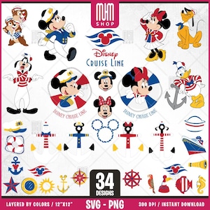 Cruise Line Mouse and Friends Svg, 34 Designs Easy to use Cartoon Characters, Layered Svg by colors, Transparent Png, Cut files for Cricut.