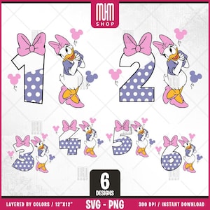 Daisy Duck Birthday Numbers Svg Png, 6 Designs Easy to use, Cartoon Characters, Layered Svg by colors, Transparent Png, Cut files for Cricut