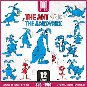 The Ant And The Aardvark Svg Png, 12 Designs Easy to use, Cartoon Characters, Layered Svg by colors, Transparent Png, Cut files for Cricut.