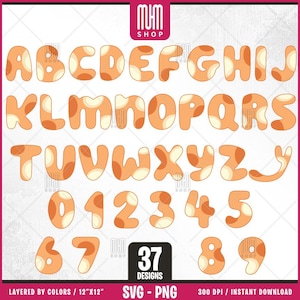 Bingo Dog Alphabet With Numbers Svg, 37 Designs Easy to use Cartoon Characters, Layered Svg by colors, Transparent Png, Cut files for Cricut