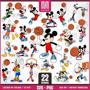 Mouse And Friends Basketball Svg, 22 Designs Easy to use, Cartoon Characters, Layered Svg by colors, Transparent Png, Cut files for Cricut.