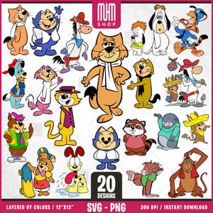 Retro Cartoon Characters - Animals Svg Png, 20 Designs Easy to use, 70s, 80s, Layered Svg by colors, Transparent Png, Cut Files for Cricut.