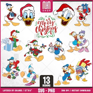 Donald Duck Joyeux Noël Svg Png, 13 modèles faciles à utiliser, personnages de dessins animés, Svg superposés par couleurs, fichiers PNG transparents pour Cricut.