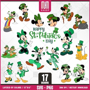 Maus und Freunde St. Patricks Day SVG Png, 17 Designs, Zeichentrickfiguren, Layered Svg nach Farben, transparente Png, Schnittdateien für Cricut.