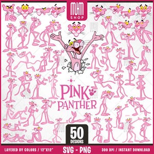 Pink Panther Svg Png, 50 Design facili da usare, Personaggi dei cartoni animati Clipart, Svg a strati per colori, Png trasparente, File di taglio facili per Cricut