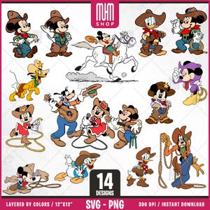 Ratón vaquero y amigos Svg, 14 diseños fáciles de usar, personajes de dibujos animados, Svg en capas por colores, Png transparente, archivos de corte fáciles para Cricut.