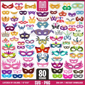 Pacchetto Svg per il festival delle maschere, 80 design facili da usare, personaggi dei cartoni animati, Svg a strati per colori, PNG trasparenti, file di taglio facili per Cricut.