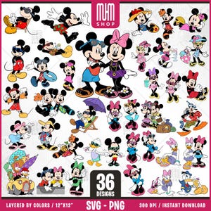 Mouse And Friends In Summer Svg, 36 Designs Easy to use, Cartoon Characters, Layered Svg by colors, Transparent Png, Cut files for Cricut.