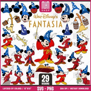 Fantasia Sorcerer Mouse Svg Png, 29 Designs Easy to use, Cartoon Characters, Layered Svg by colors, Transparent Png, Cut Files for Cricut.