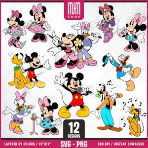 Mouse And Friends Singing Svg Png, 12 Designs Easy to use Cartoon Characters, Layered Svg by colors, Transparent Png, Cut files for Cricut.