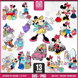 Minnie Mouse Shopping Svg, 13 Designs Easy to use, Cartoon Characters, Layered Svg by colors, Transparent Png, Easy cut files for Cricut.