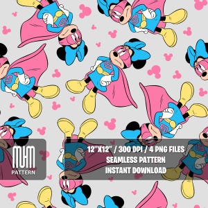 Seamless Pattern PNG, Minnie Mouse Superheroes, Mouse And Friends, Cartoon Characters, Fabric Design Sublimation, Ready for Textile Prints.