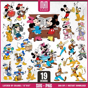 Mouse And Friends with Music Svg Png, 19 Designs Easy to use Cartoon Characters, Layered Svg by colors Transparent Png, Cut files for Cricut