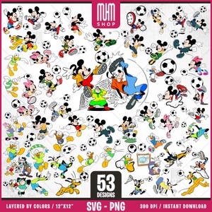 Maus und Freunde Fußball-Svg, 53 Designs einfach zu verwenden, Zeichentrickfiguren, Layered Svg nach Farben, transparente Png, Easy cut Dateien für Cricut.
