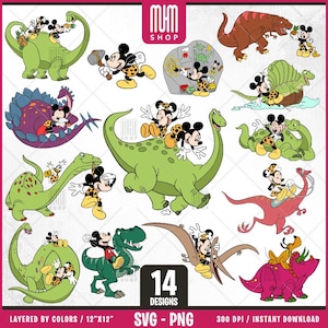 Mouse & Dinosaurs Svg, 14 Designs Easy to use, Cartoon Characters Clipart, Layered Svg by colors, Transparent Png, Easy cut files for Cricut
