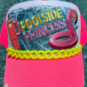 Poolside Princess Trucker hat. With neon hat chain.