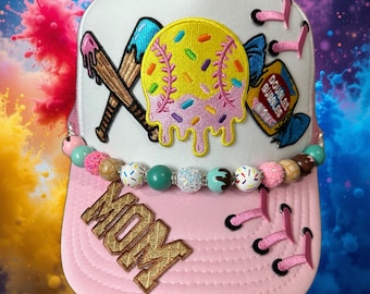 Pretty Pink Softball Waffle Drip Trucker Hat. With Custom Drip Hat chain.