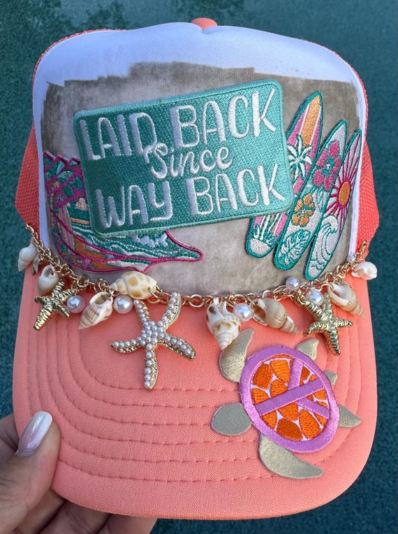 Coastal Trucker Hat with Seashell Chain, Laid Back Beach Vibes