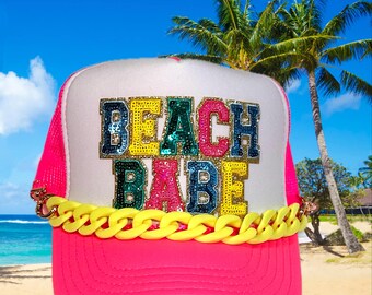 Neon Pink Beach Babe sequin trucker hat. With hat chain.