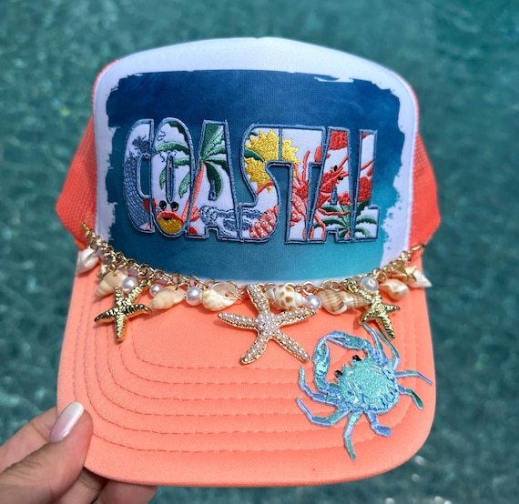 Coastal trucker hat! With sea shell hat chain.