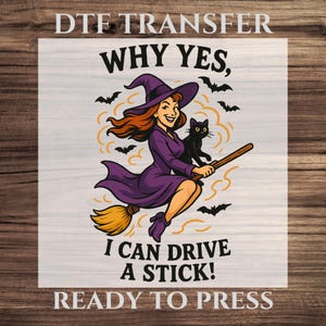 Vintage Flying Witch DTF Transfer, Retro Witch &quot;I Can Drive a Stick&quot; Funny Halloween Design Ready To Press, Halloween Humor Shirt Transfer