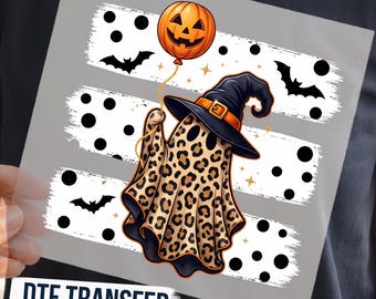 Striped Leopard Ghost Halloween DTF Transfer, Witch Hat Pumpkin Balloon Girly Ready to Press Graphic