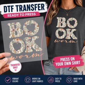 Wild Floral Bookworm DTF Transfer, Reading Lover Ready to Press, Bookish Shirt Transfer, Iron On, Heat Transfer image 2