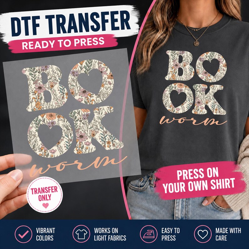 Wild Floral Bookworm DTF Transfer, Reading Lover Ready to Press, Bookish Shirt Transfer, Iron On, Heat Transfer image 2