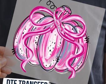Pink Pumpkin Breast Cancer Awareness DTF Transfer, Ribbon Bow October Ready to Press Graphic