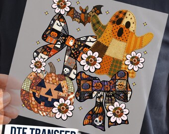 Patchwork Style Coquette Halloween DTF Transfer, Cute Ghost Pumpkin and Bows Ready To Press, Vintage Patchwork Effect Spooky Tee Decal