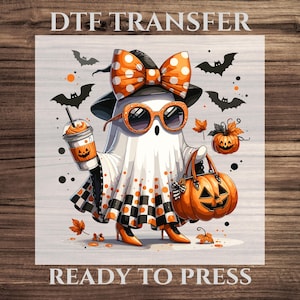 Trendy Girl Ghost DTF Transfer, Cute Halloween Heat Press Design with Pumpkin and Latte, Spooky Fashion Ghost for Fall Shirt, Cute Halloween