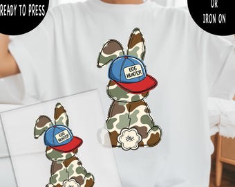 Camo Bunny DTF Transfer, Egg Hunter Easter Boy Design Ready To Press, Camouflage Rabbit T-Shirt Print, Hunting Easter Bunny Heat Transfer