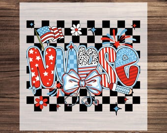 Transfert DTF infirmière patriotique, conception d'infirmière coquette rouge blanc bleu prête à être pressée, sticker chemise infirmière USA, impression chemise indépendance