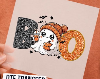 Glitter Effect BOO Ghost DTF Transfer, Preppy Halloween  Shirt Design Ready to Press, Iron On Decal