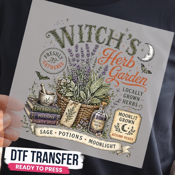 Vintage Witch’s Herb Garden DTF Transfer, Vintage Botanical Halloween Apothecary Magic Ready to Press Graphic