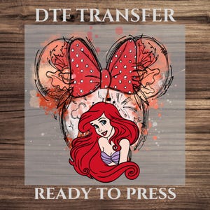 Watercolor Disney Princess Ariel DTF Transfer, Minnie Head and Disney Princess Ariel Ready To Press, The Little Mermaid Princess Shirt Decal