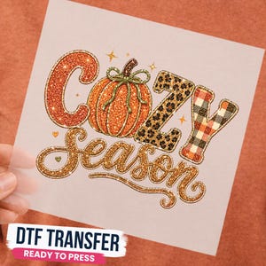 Glitter Effect Cozy Season Pumpkin DTF Ready to Press, Fall Patchwork Shirt Transfer, Iron On Decal